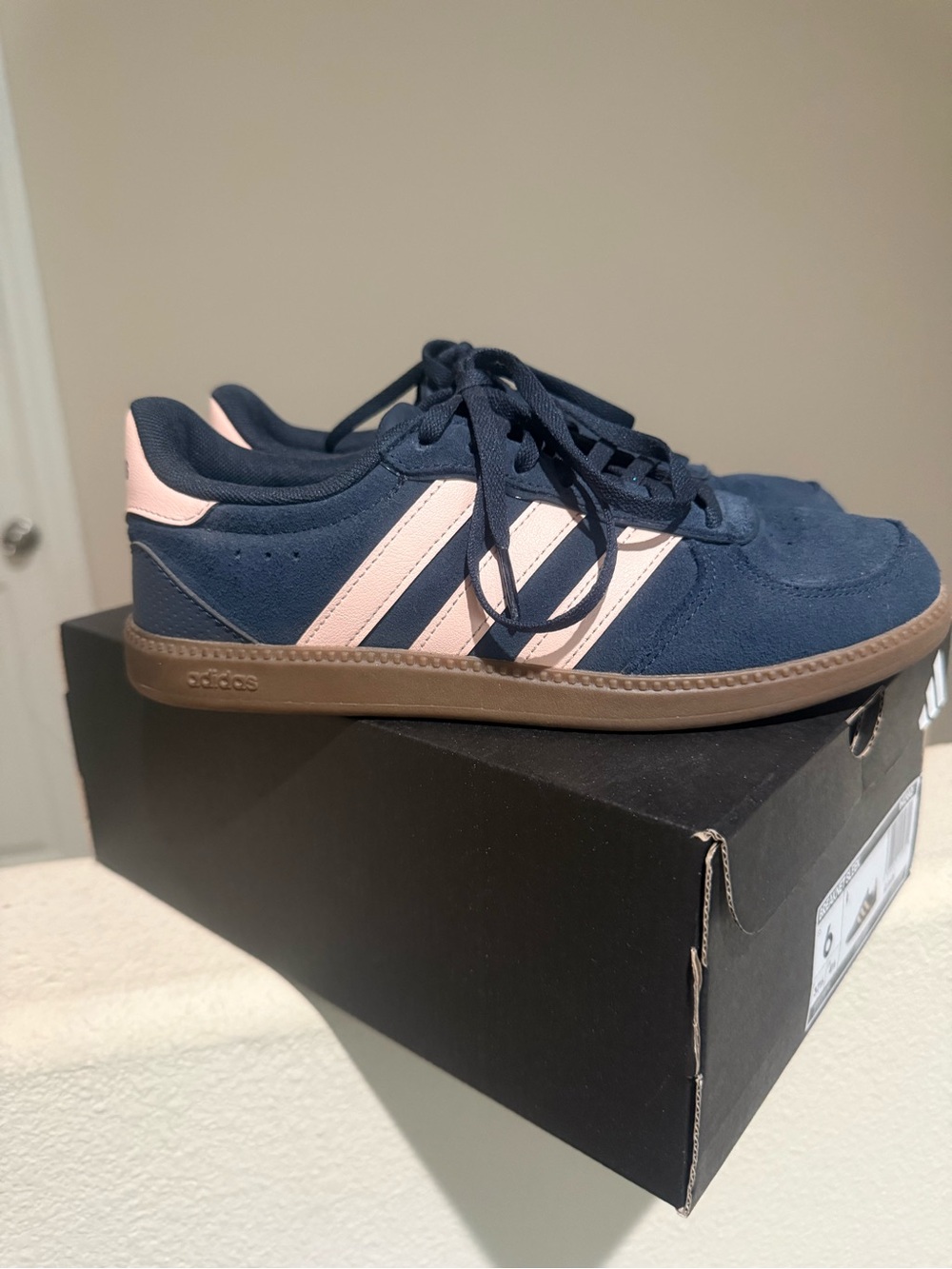 Adidas Navy and Light Pink Suede Sneakers
